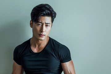 Obraz premium Handsome young Korean model wearing black t-shirt, concept of natural beauty, plastic surgery, cosmetology, skin care