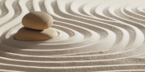 Zen garden sand ripples, with soothing lines and curves in a sandy texture