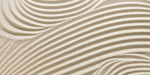 Zen garden sand ripples, with soothing lines and curves in a sandy texture