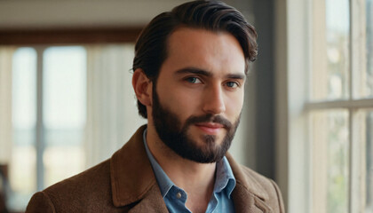Young Elegant Man with Beard and Blue Shirt - Confident Portrait