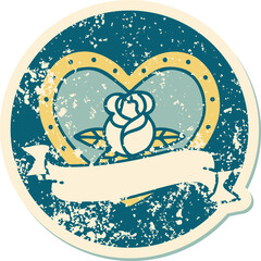 distressed sticker tattoo style icon of a heart rose and banner