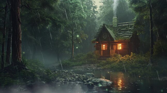 A cabin in the middle of a forest with fog and trees on the mountain side  Seamless looping 4k time-lapse virtual video animation background. Generated AI	