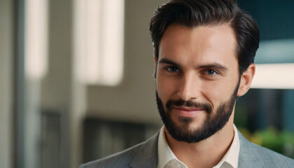 Young Elegant Man Smiling at Large Windows - Confident, Blue-Eyed Brunette with Groomed Beard and Slicked-Back Hair