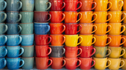 Multicolored mugs stacks, vivid colors