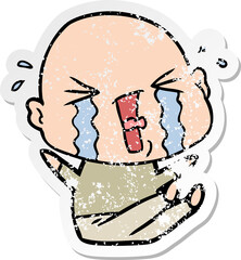 distressed sticker of a cartoon crying bald man