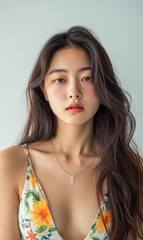 Asian beautiful brunette woman in a stylish dress, adorned with jewelry, showcasing her beauty and glamour in a studio portrait, plastic surgery and cosmetology concept