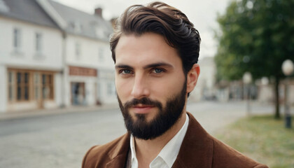 Young Elegant Brunette with Groomed Beard and Confident Smile in Downtown Neighborhood - Slicked-Back Hair and Sophisticated Style