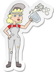 sticker of a cartoon hard working woman with beer