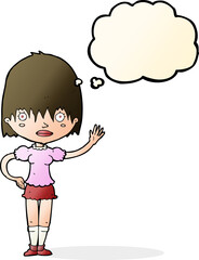 cartoon waving woman with thought bubble