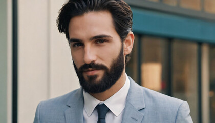 Young Elegant Brunette in Gray Suit with Glasses and Confident Smile
