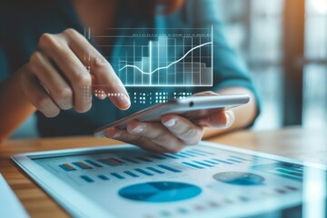 Close-up of hands using a smartphone to analyze statistical financial data charts