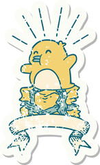 grunge sticker of tattoo style penguin sitting on present