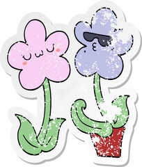 distressed sticker of a cute cartoon flower