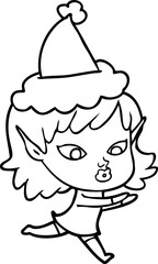 pretty line drawing of a elf girl wearing santa hat