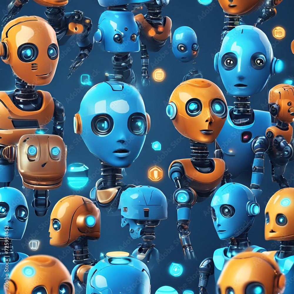 Poster ai robots and a digital brain concept in a futuristic set on a blue background. ai robotic assistant