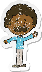 retro distressed sticker of a cartoon man with mustache waving