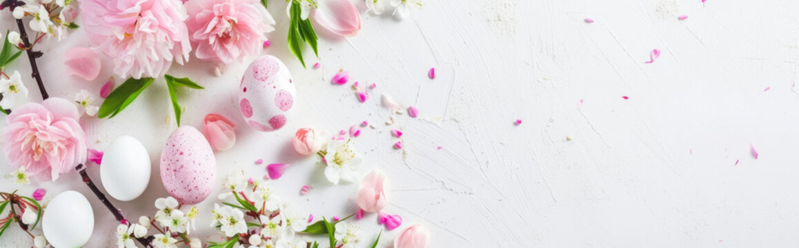 Banner with Easter eggs and spring flowers on a white background.
