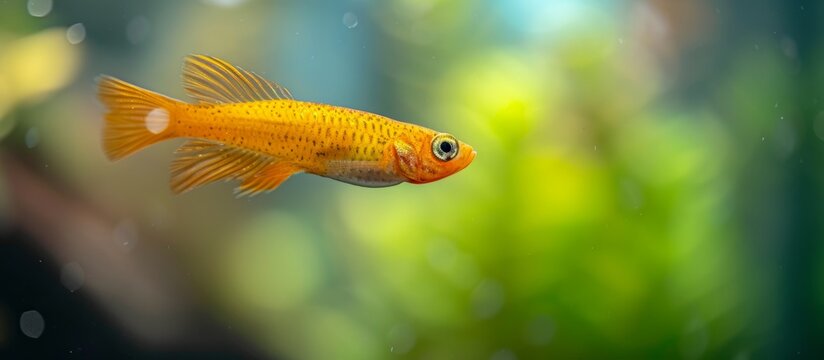 Close up photo of Golden Hikari killifish swimming in a bright aquarium tank with macro lens and natural light.