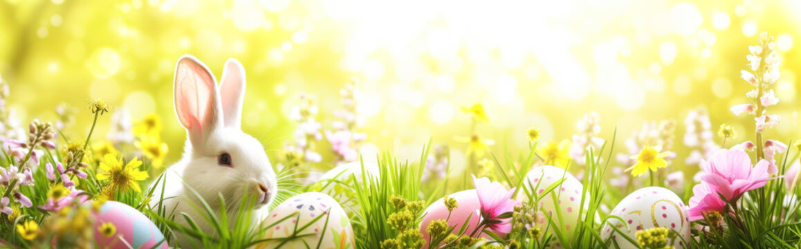 Easter bunny and eggs on green grass with flowers. Easter background