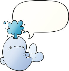 cartoon whale spouting water and speech bubble in smooth gradient style