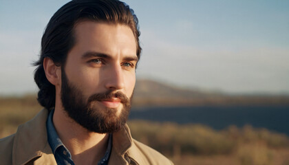 Elegant Brunette Man in Tan Jacket: Confident Outdoor Portrait with Groomed Beard and Blue Eyes