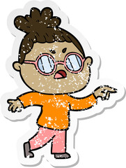 distressed sticker of a cartoon annoyed woman