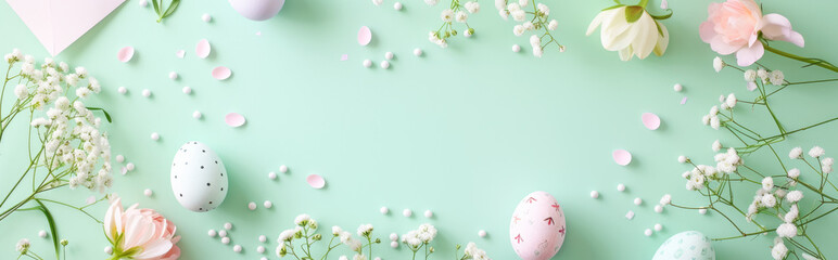 Easter background with eggs and flowers on pastel green background. Flat lay, top view.