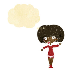 cartoon waving girl with thought bubble