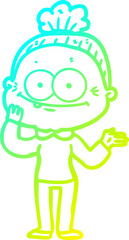 cold gradient line drawing cartoon happy old woman