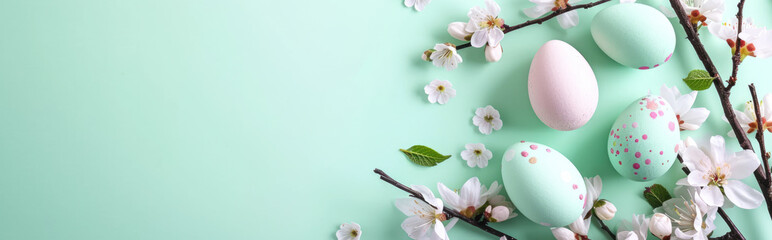 Banner with Easter eggs and spring flowers on pastel green background