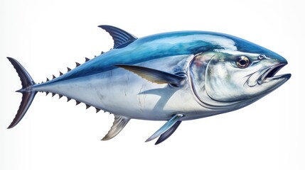 Fresh single tuna isolated closeup. Realistic illustration of tuna on a white background. Tuna dish. Fish shop banner logo. Sale of fish. Tuna print on paper or fabric. Fresh catch, fishing. - obrazy, fototapety, plakaty