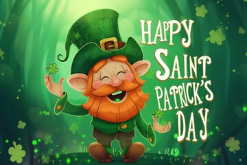 Cartoon leprechaun on shamrock for Saint Patrick's Day background Generative AI - obrazy, fototapety, plakaty