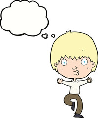 cartoon excited boy with thought bubble
