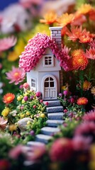 Fototapeta na wymiar illustration cartoon, cute miniature house with a garden full of flowers