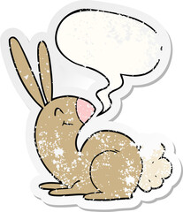 cute cartoon rabbit and speech bubble distressed sticker