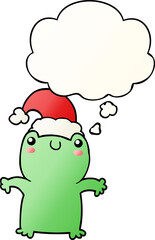 cute cartoon frog wearing christmas hat and thought bubble in smooth gradient style