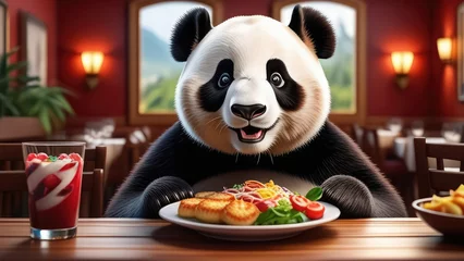 Tischdecke panda eating food in the restaurant. Cartoon panda. Generative AI © Sarbinaz Mustafina