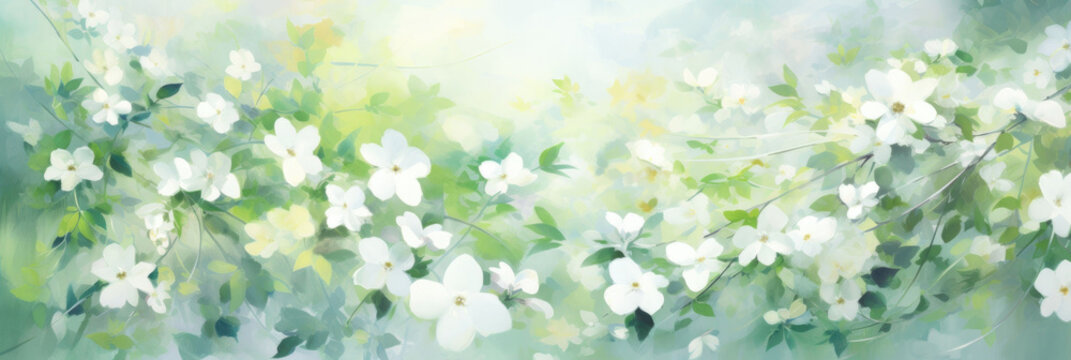 pastel watercolor floral background image with white flowers, in the style of light emerald and white. banner