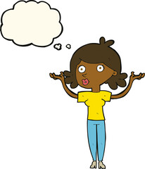 cartoon woman throwing arms in air with thought bubble