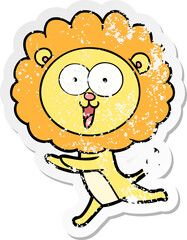 distressed sticker of a happy cartoon lion