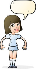 cartoon woman shrugging shoulders with speech bubble