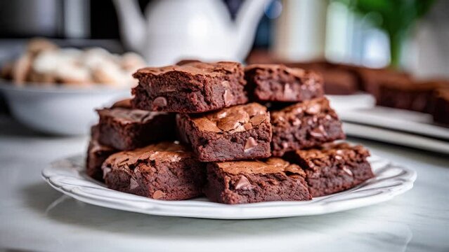 Zooming on a  Plate of Chocolate Brownies