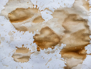 Abstract brown coffee grunge background. Hand made abstract artwork. Abstract brown paint wallpaper. Coffee stains, blobs and drops on white paper.