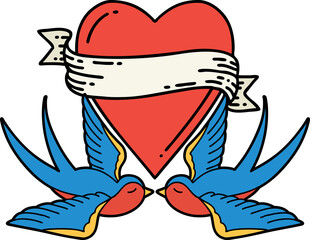 traditional tattoo of a swallows and a heart with banner