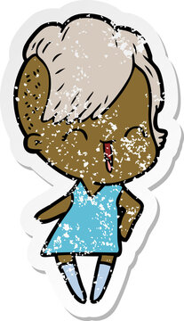 distressed sticker of a happy cartoon hipster girl
