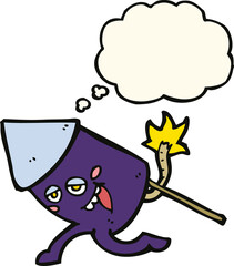 cartoon funny firework character with thought bubble