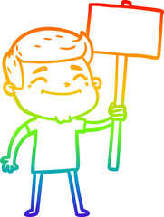 rainbow gradient line drawing happy cartoon man with placard
