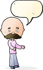 cartoon man with mustache with speech bubble