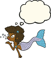 cartoon mermaid blowing kiss with thought bubble