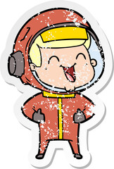 distressed sticker of a happy cartoon astronaut